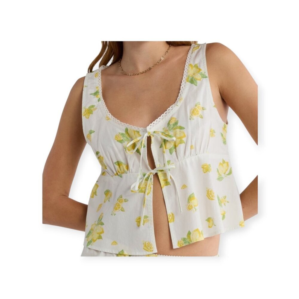 Abound Lemon Print Cotton Tie Front Top Lace Neckline Summer Size Small Blouse S